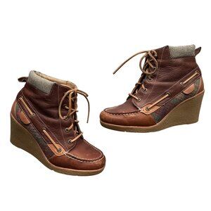 Sperry Bailey Wedge Ankle Boots Brown Leather Plaid Textile Panel Lace-Up Size 8